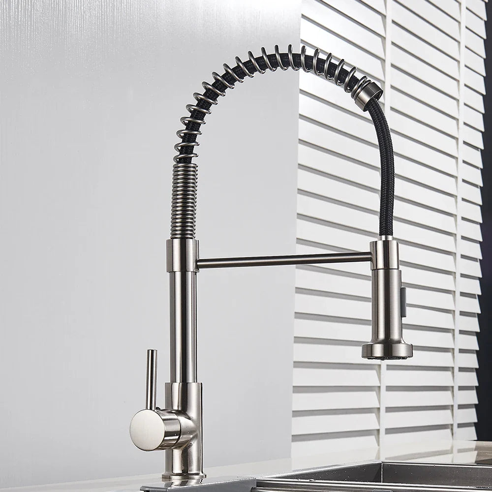 Rozin brushed nickel deck mounted single hole kitchen faucet with flexible stainless steel coiled hose and 360 rotation