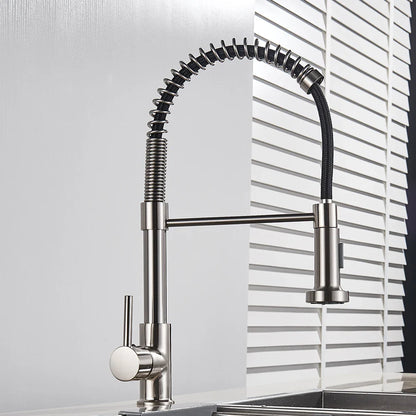 Rozin brushed nickel deck mounted single hole kitchen faucet with flexible stainless steel coiled hose and 360 rotation