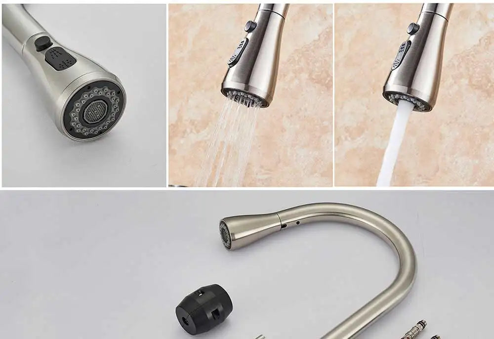 Stainless steel rozin chrome deck mounted single hole kitchen faucet with pull down curved spout and mixer tap spray nozzle
