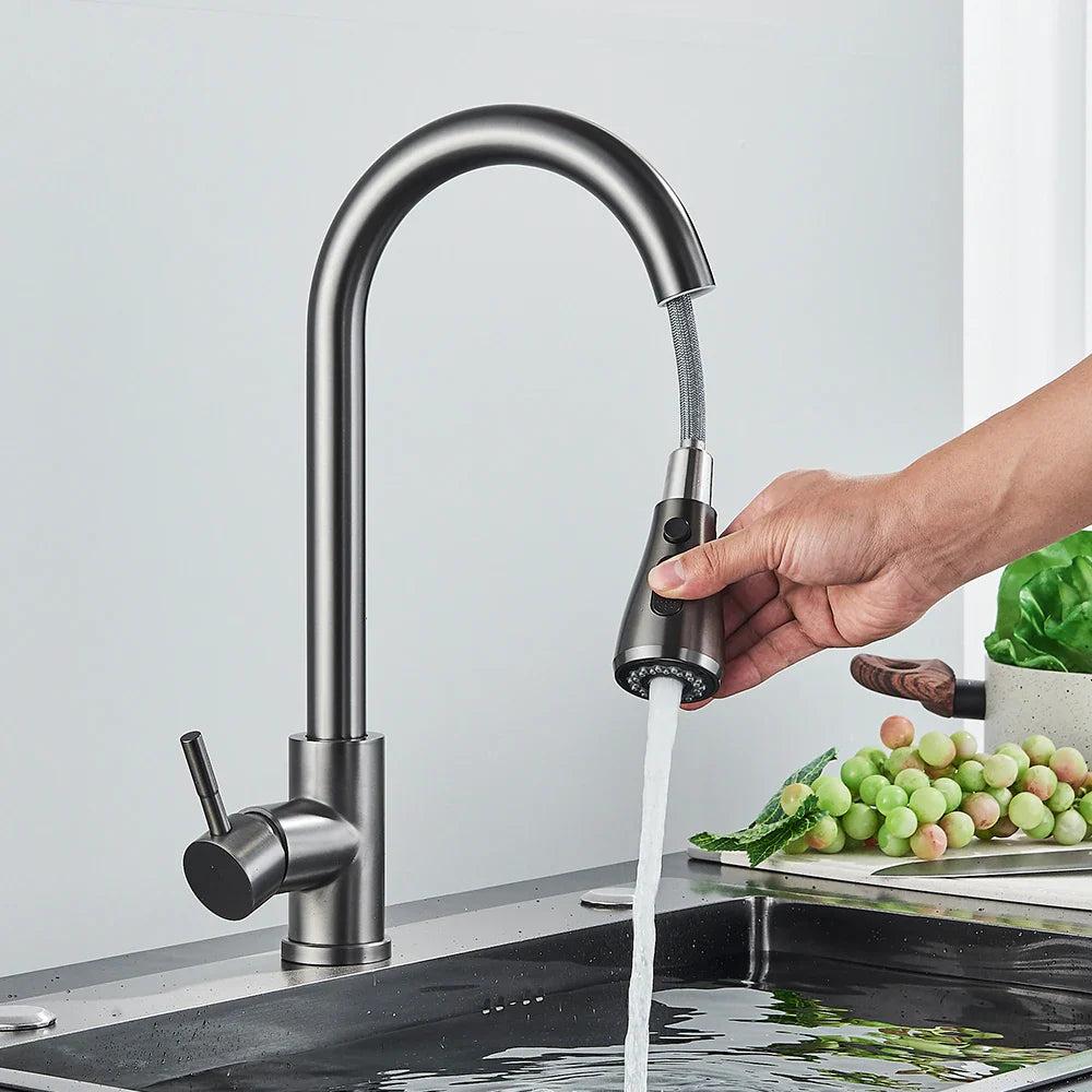 Rozin chrome deck mounted single hole kitchen mixer tap with matte black curved pull-down spray head