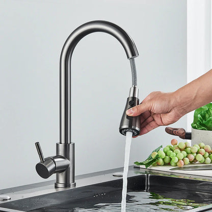 Rozin chrome deck mounted single hole kitchen mixer tap with matte black curved pull-down spray head