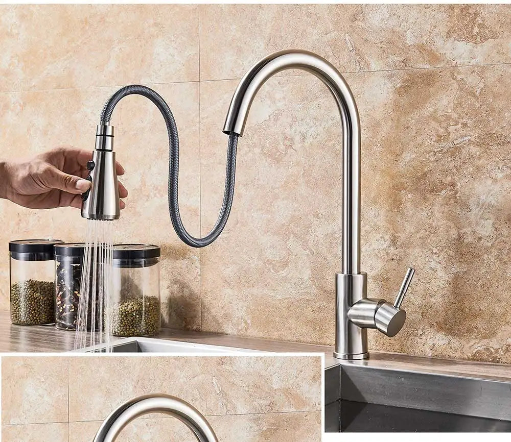 Rozin chrome deck mounted single hole mixer tap with brushed stainless steel flexible gooseneck pull out spout