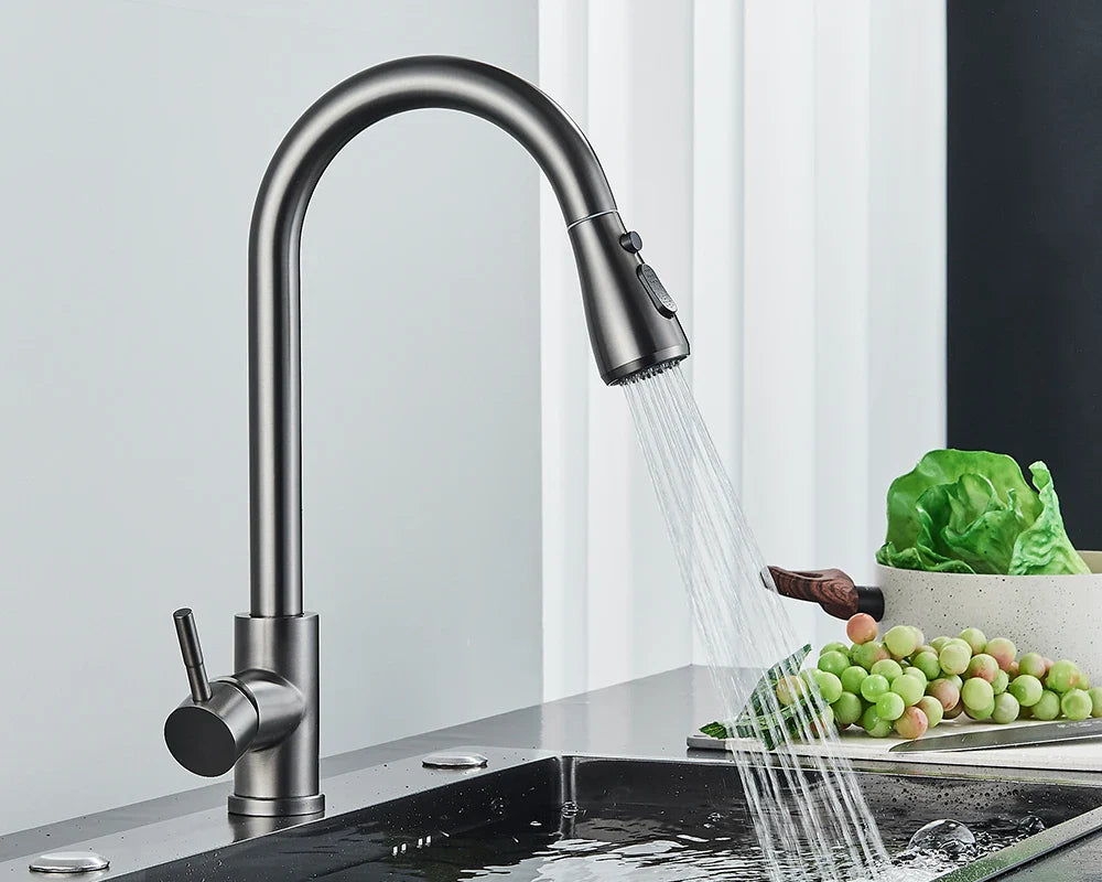 Modern matte black rozin chrome kitchen faucet deck mounted with single hole pull-down spray head mixer tap