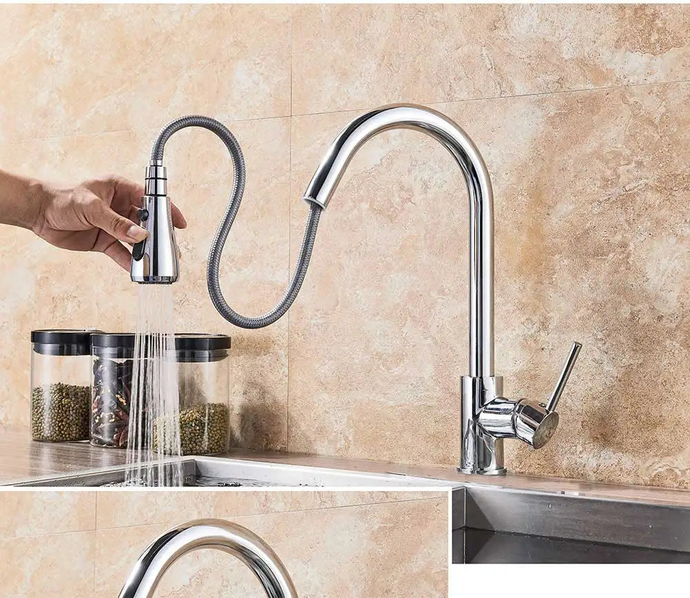Rozin chrome deck mounted kitchen faucet with single hole pull out spout and flexible hose mixer tap in sleek design
