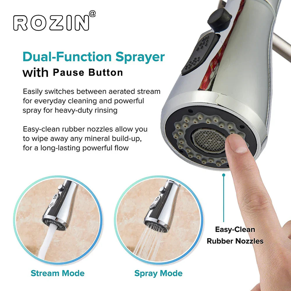 Silver Rozin chrome deck mounted single hole kitchen mixer tap with dual-function pull out sprayer and pause button