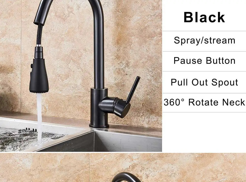 Black matte deck mounted Rozin single hole kitchen mixer tap with pull-out spout and spray stream nozzle