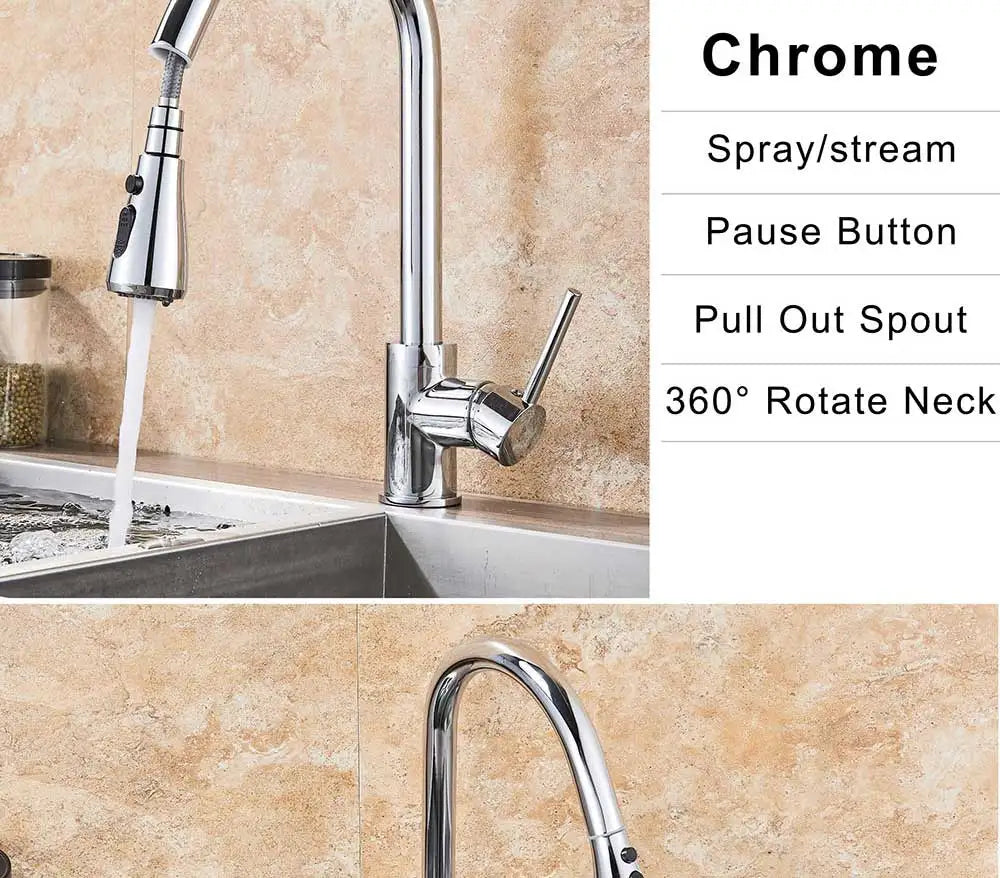 Rozin chrome deck mounted kitchen faucet with pull out spray head single hole mixer tap and 360 degree rotating neck