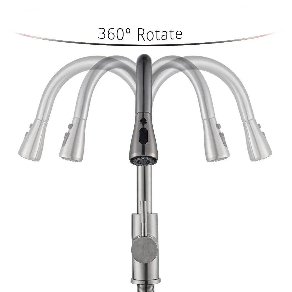 Stainless steel rozin chrome deck mounted single hole kitchen mixer tap with pull out spout and 360-degree rotation