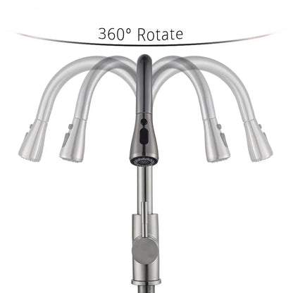 Stainless steel rozin chrome deck mounted single hole kitchen mixer tap with pull out spout and 360-degree rotation