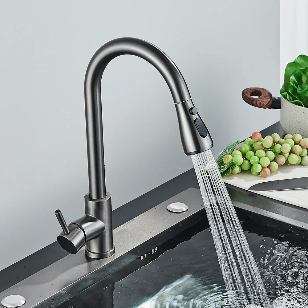 Modern matte black rozin chrome deck mounted single hole kitchen mixer tap with curved pull-down spray head