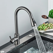 Modern matte black rozin chrome deck mounted single hole kitchen mixer tap with curved pull-down spray head