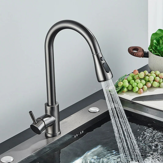 Modern matte black rozin chrome deck mounted single hole kitchen mixer tap with curved pull-down spray head
