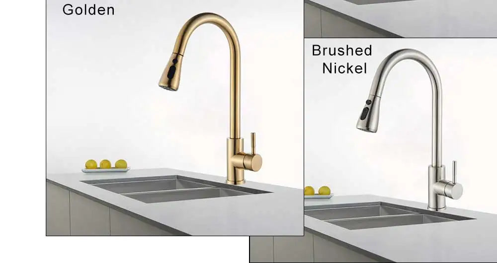 Rozin chrome deck mounted single hole kitchen mixer tap with high arc pull out spout in golden and brushed nickel finishes