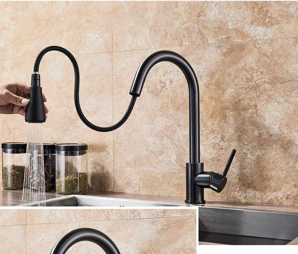 Black matte finish rozin deck mounted single hole kitchen faucet with flexible pull-down spray and mixer tap spout