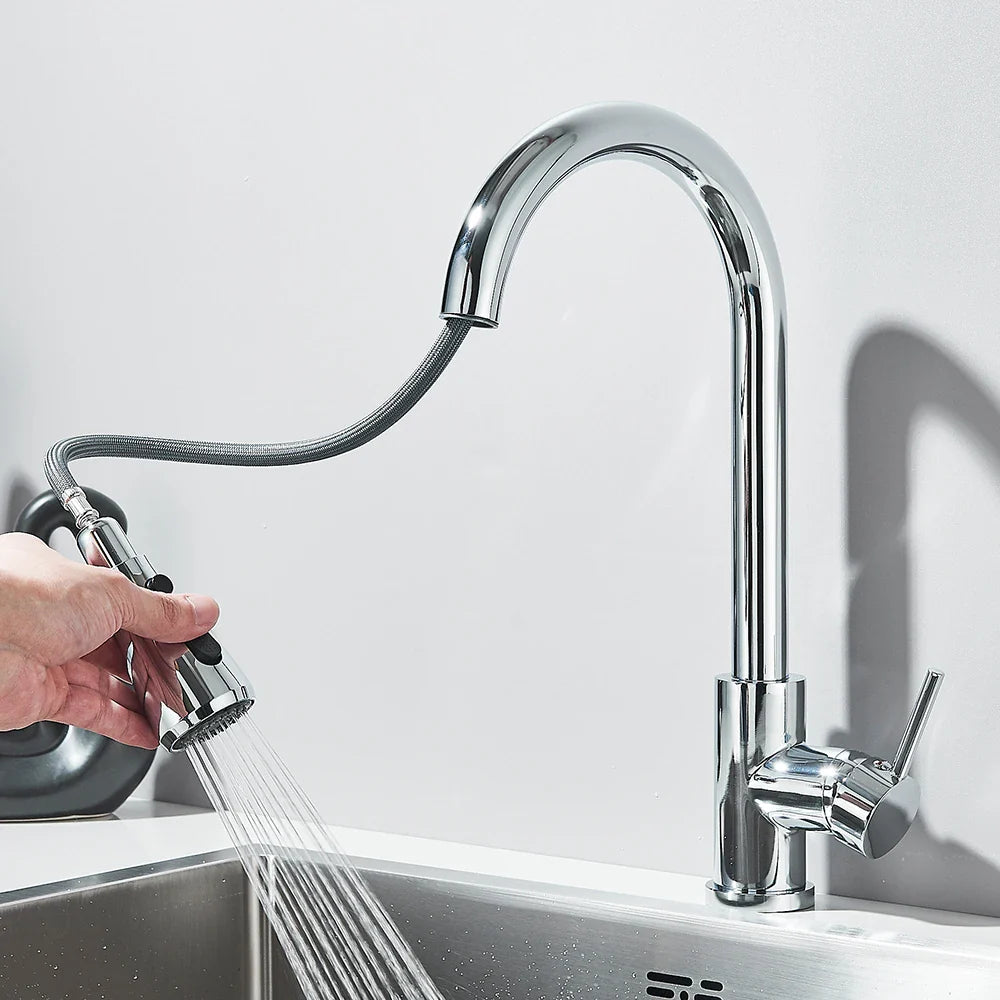 Rozin chrome kitchen faucet with deck mounted single hole mixer tap featuring a curved pull out spout and flexible hose