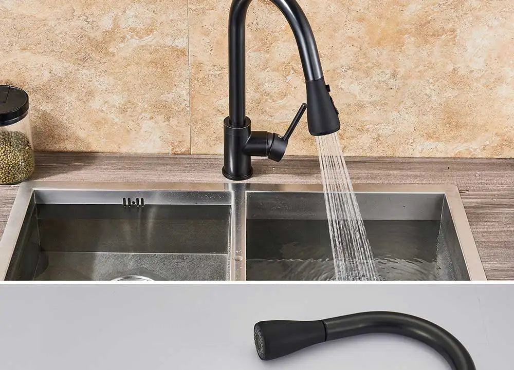 Black matte deck mounted kitchen mixer tap with pull-down curved spout and single hole handle for sink use