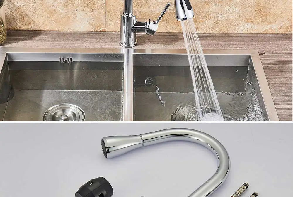 Rozin chrome deck mounted single hole kitchen mixer tap with pull out spout sleek curved design and black handle