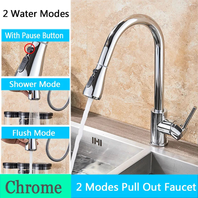 Rozin chrome deck mounted single hole kitchen mixer tap with pull out spout and dual function spray head