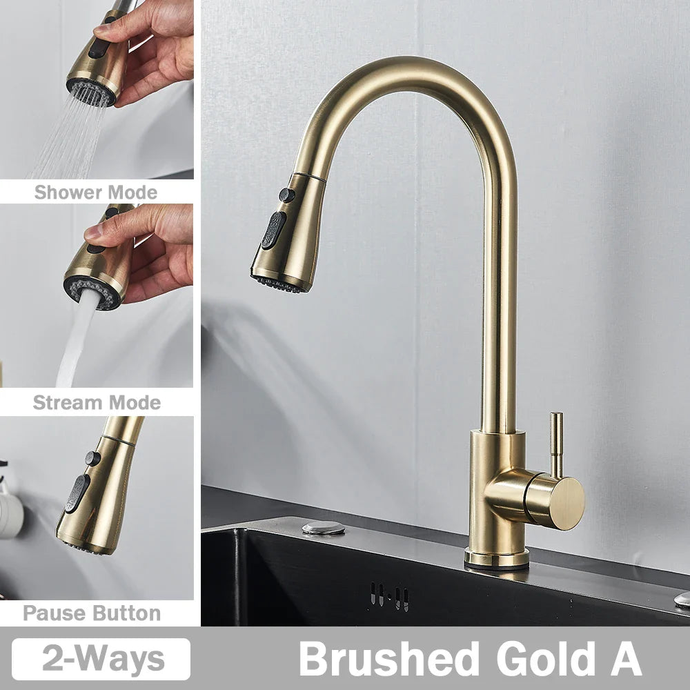 Brushed gold deck mounted single hole Rozin chrome kitchen mixer tap with arched spout and pull-out spray head