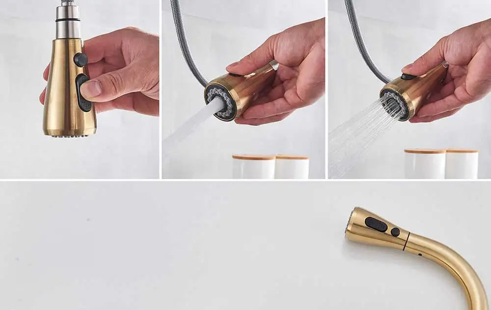 Gold-toned rozin deck mounted kitchen mixer tap with single hole pull down spout and black control buttons