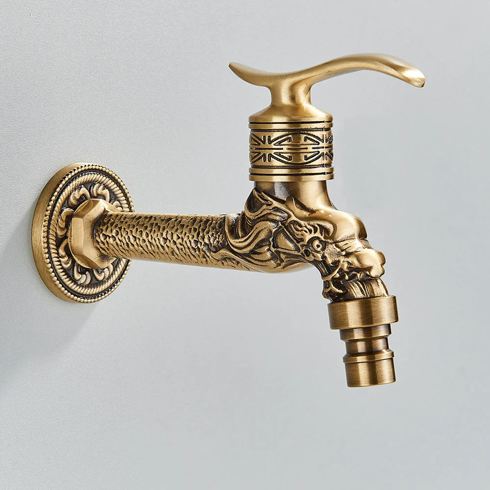 Rozin wall mounted antique brass faucet with ornate dragon head and embossed patterns for mop pool taps and bidet use