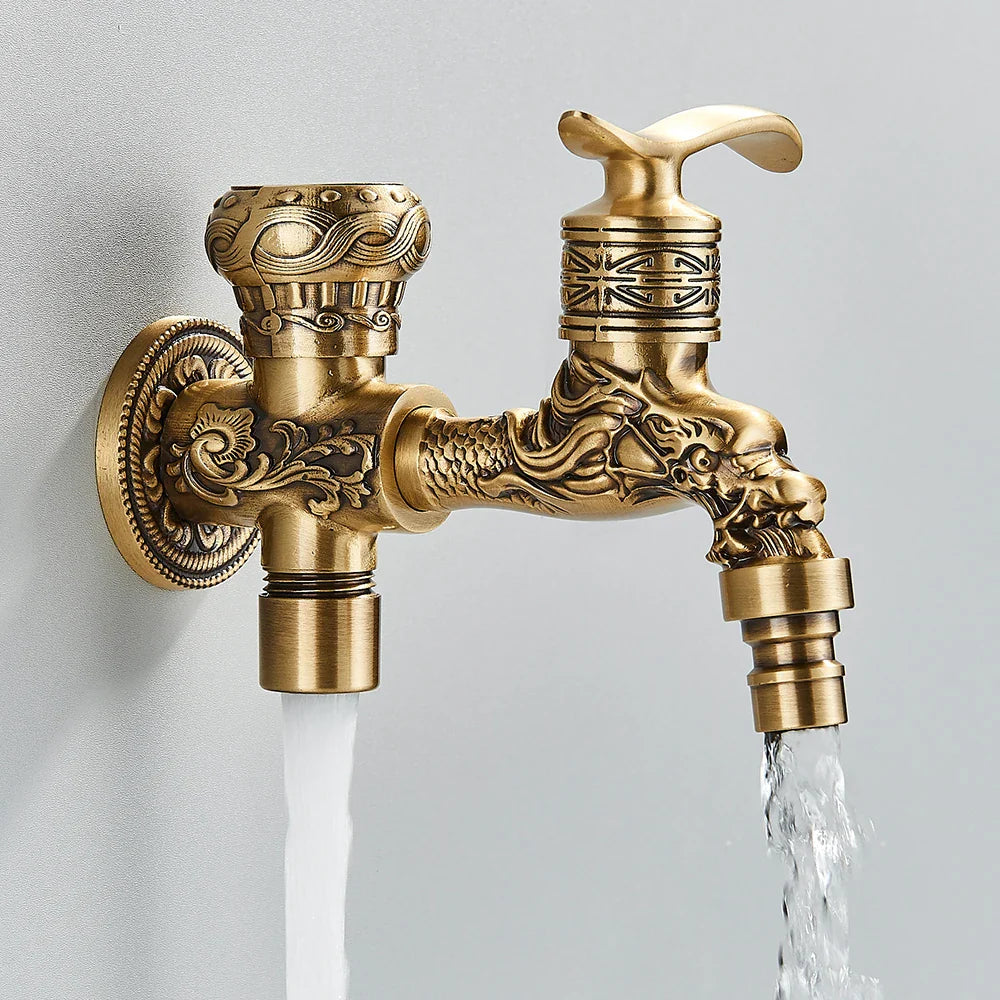 Antique brass Rozin wall mounted faucet with dual spouts and dragon engravings for bathroom mop pool taps and bidet