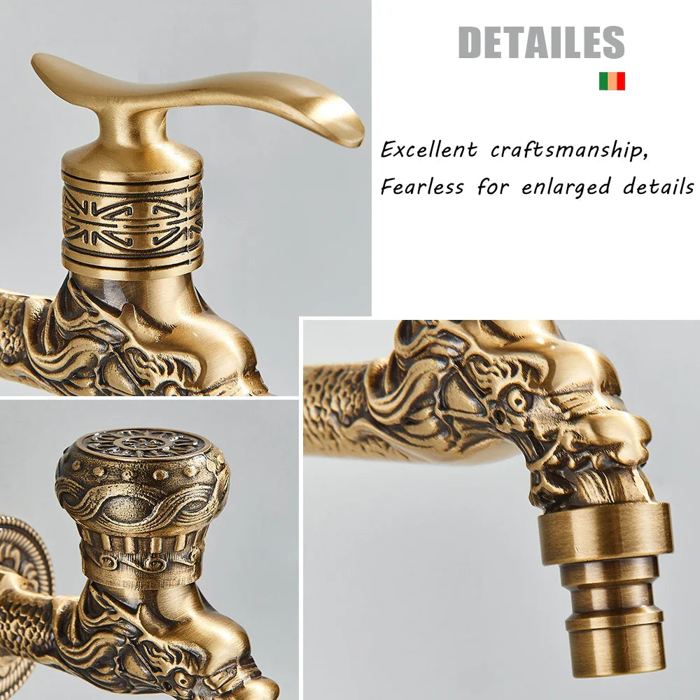 Rozin wall mounted antique brass faucet with intricate dragon carved tap design for mop pool taps and outdoor use