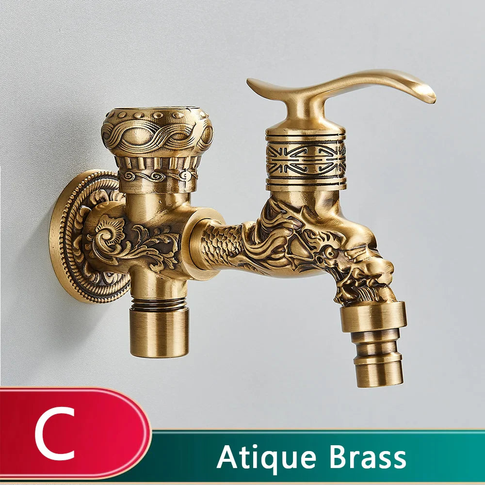 Rozin wall mounted antique brass outdoor faucet with dragon carved tap and intricate patterns for mop pool taps