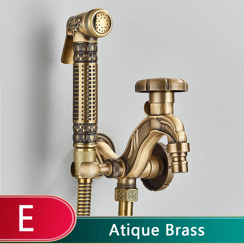 Antique brass rozin wall mounted bathroom sprayer with ornate detailing for mop pool taps and bidet use