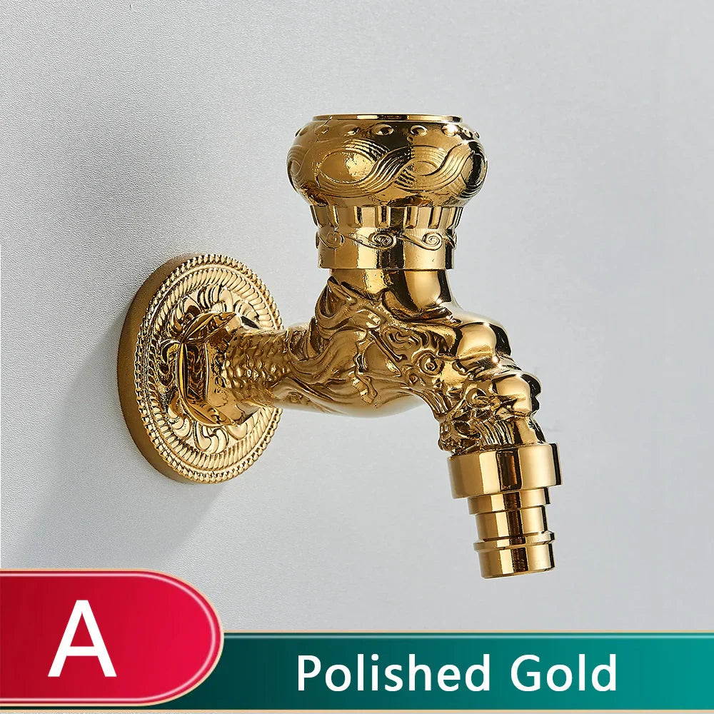 Polished gold rozin wall mounted antique brass faucet with dragon and floral designs for mop pool taps and bidet use