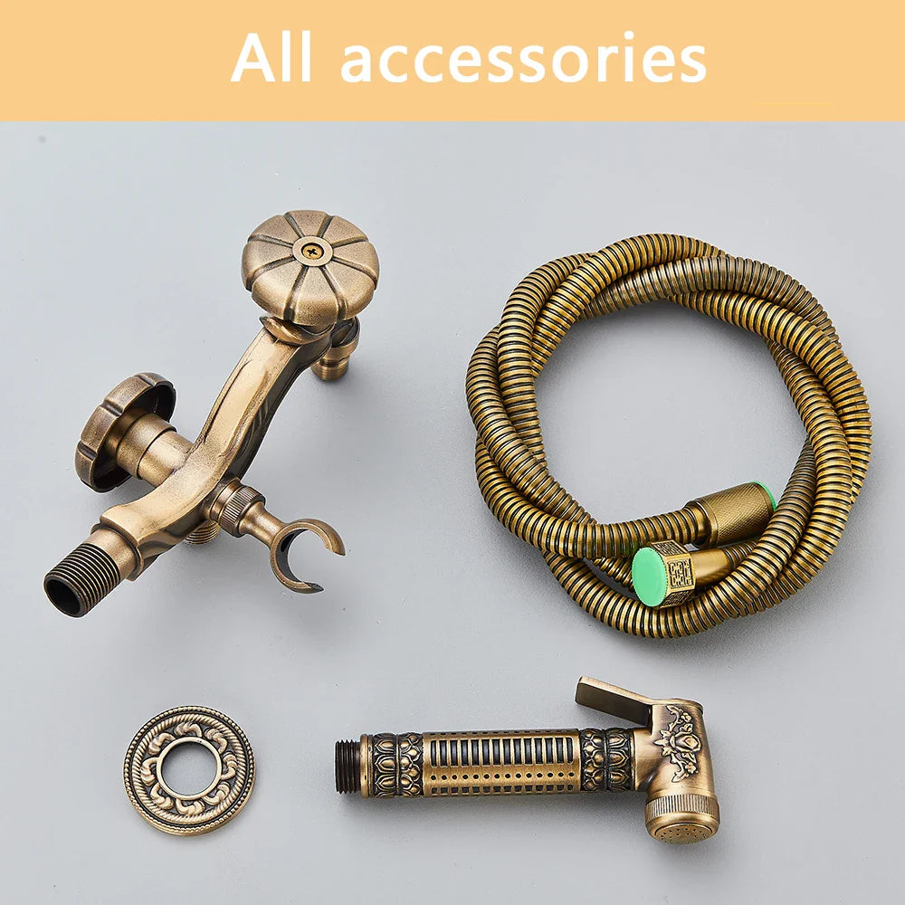 Antique brass Rozin wall mounted bathroom faucet with dragon carved tap and matching hose for mop pool taps and bidet use
