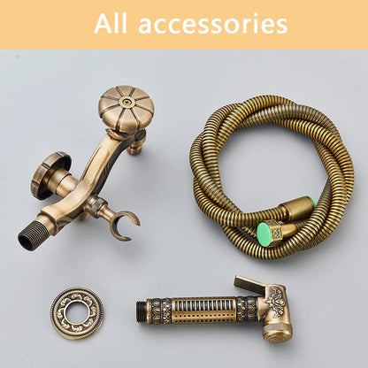 Antique brass Rozin wall mounted bathroom faucet with dragon carved tap and matching hose for mop pool taps and bidet use