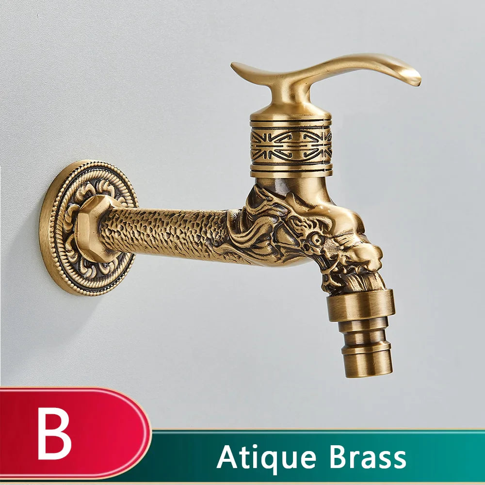 Rozin wall mounted antique brass faucet with ornate dragon head and engraved patterns for mop pool taps use