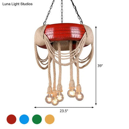 Rubber Warehouse 6-Head Tire Lamp with Hemp Rope - Red/Blue/Yellow Chandelier Pendant for Dining Room