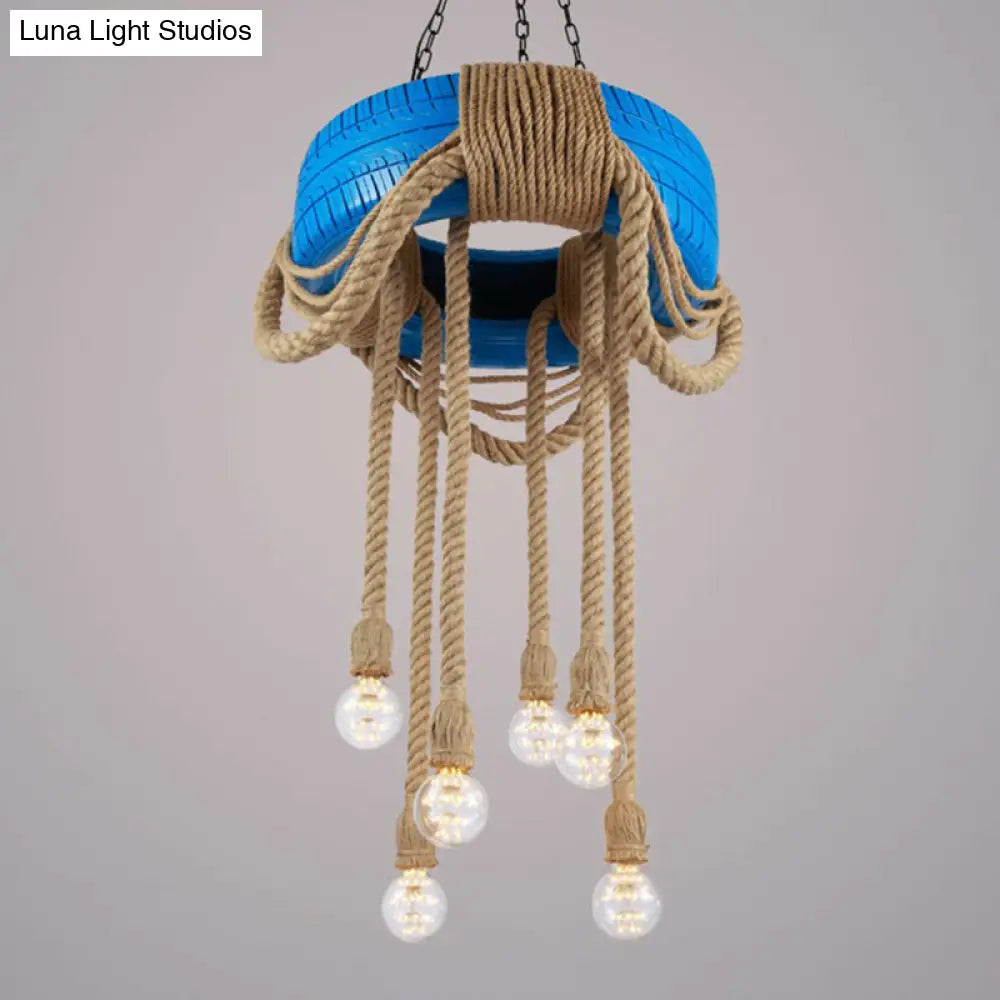 Rubber Warehouse 6-Head Tire Lamp with Hemp Rope - Red/Blue/Yellow Chandelier Pendant for Dining Room