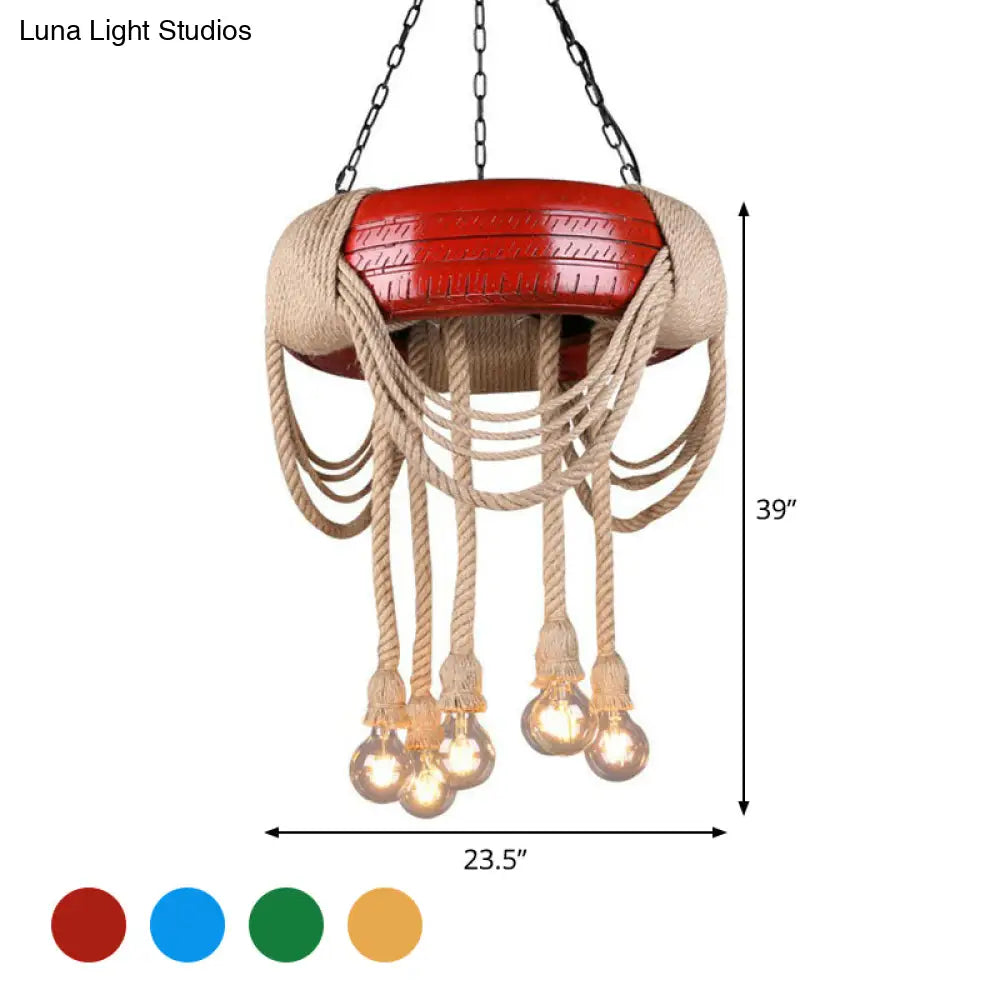 Rubber Warehouse 6-Head Tire Lamp with Hemp Rope - Red/Blue/Yellow Chandelier Pendant for Dining Room