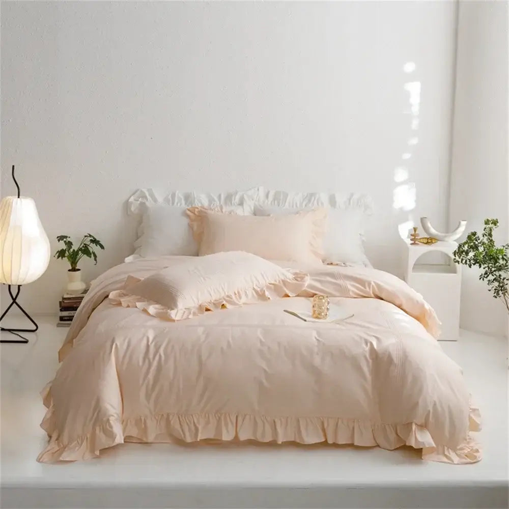 Blush pink ruffled bedding set with soft cotton fabric and delicate frayed edges for decorbites light green bedroom decor