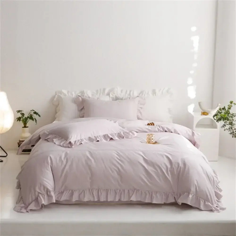A soft lavender ruffled duvet bedding set with frayed edges in decorbites light green egyptian cotton design