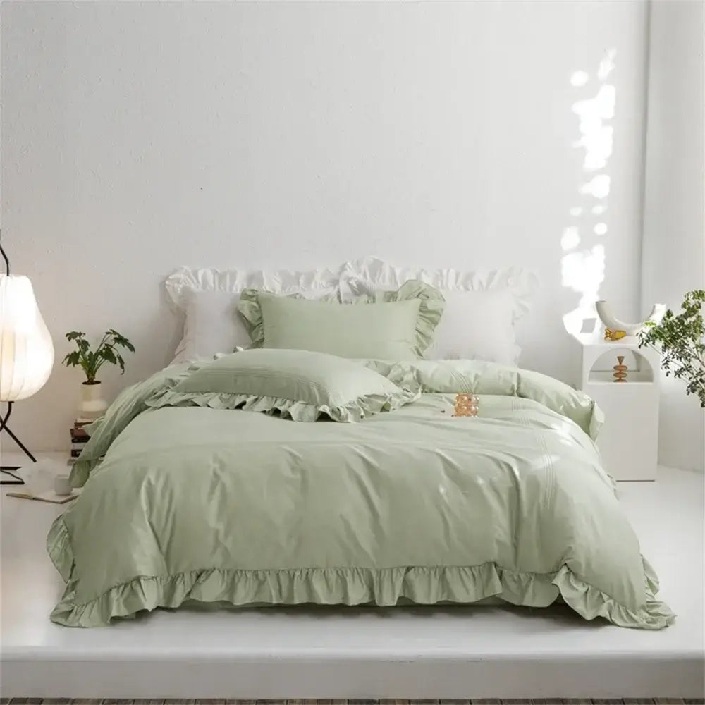 Mint green ruffled bedding set with soft egyptian cotton fabric and layered pillowcases by decorbites light green
