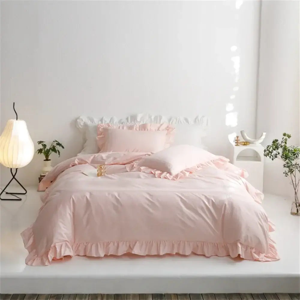 Pastel pink ruffled bedding set with soft fabric and delicate frayed edges for decorbites light green bedroom decor