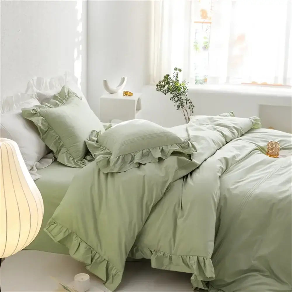 Soft sage green ruffled egyptian cotton bedding set with textured finish by decorbites light green for bedroom decor