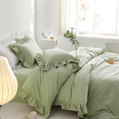 Soft sage green ruffled egyptian cotton bedding set with textured finish by decorbites light green for bedroom decor