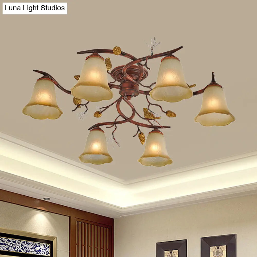 DecorBites™ DecorBites™ Rural Amber Glass 6-Head Semi-Flush Chandelier with Pinecone Decoration for Dining Room Ceiling Light