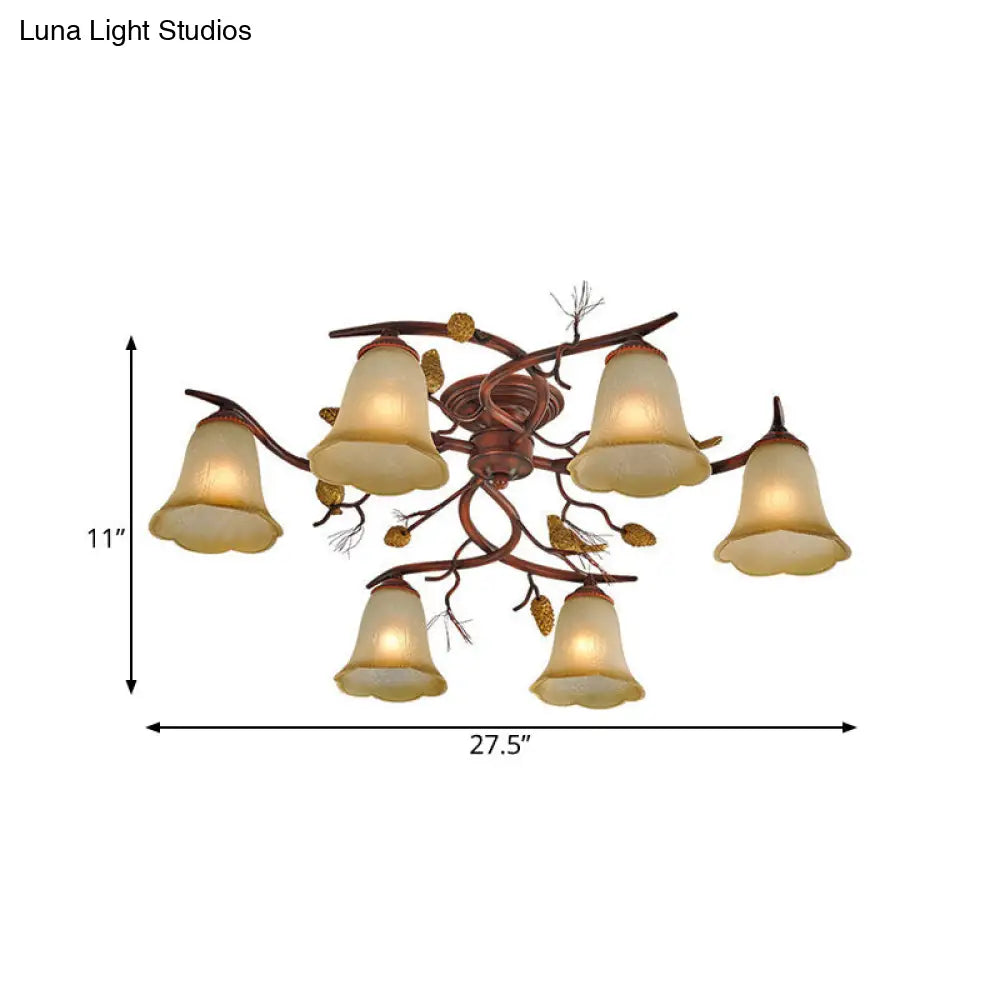 DecorBites™ DecorBites™ Rural Amber Glass 6-Head Semi-Flush Chandelier with Pinecone Decoration for Dining Room Ceiling Light
