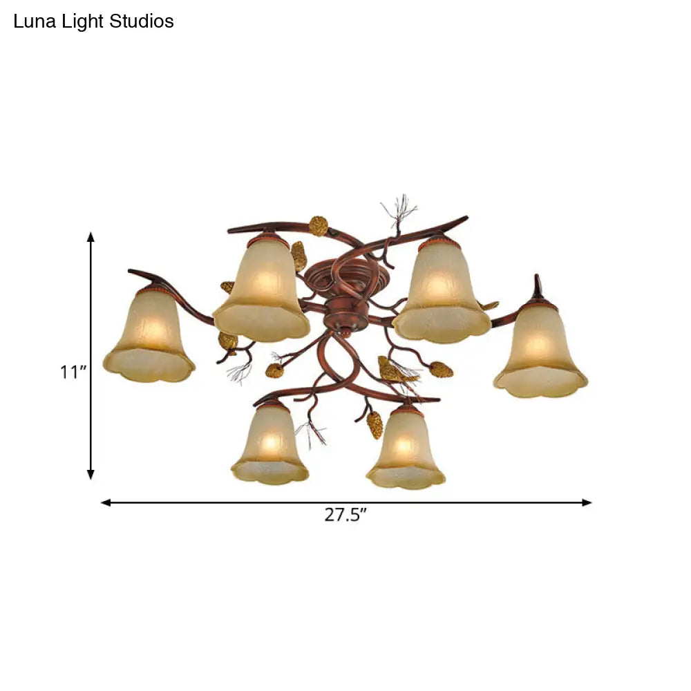 DecorBites™ DecorBites™ Rural Amber Glass 6-Head Semi-Flush Chandelier with Pinecone Decoration for Dining Room Ceiling Light