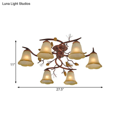 DecorBites™ DecorBites™ Rural Amber Glass 6-Head Semi-Flush Chandelier with Pinecone Decoration for Dining Room Ceiling Light