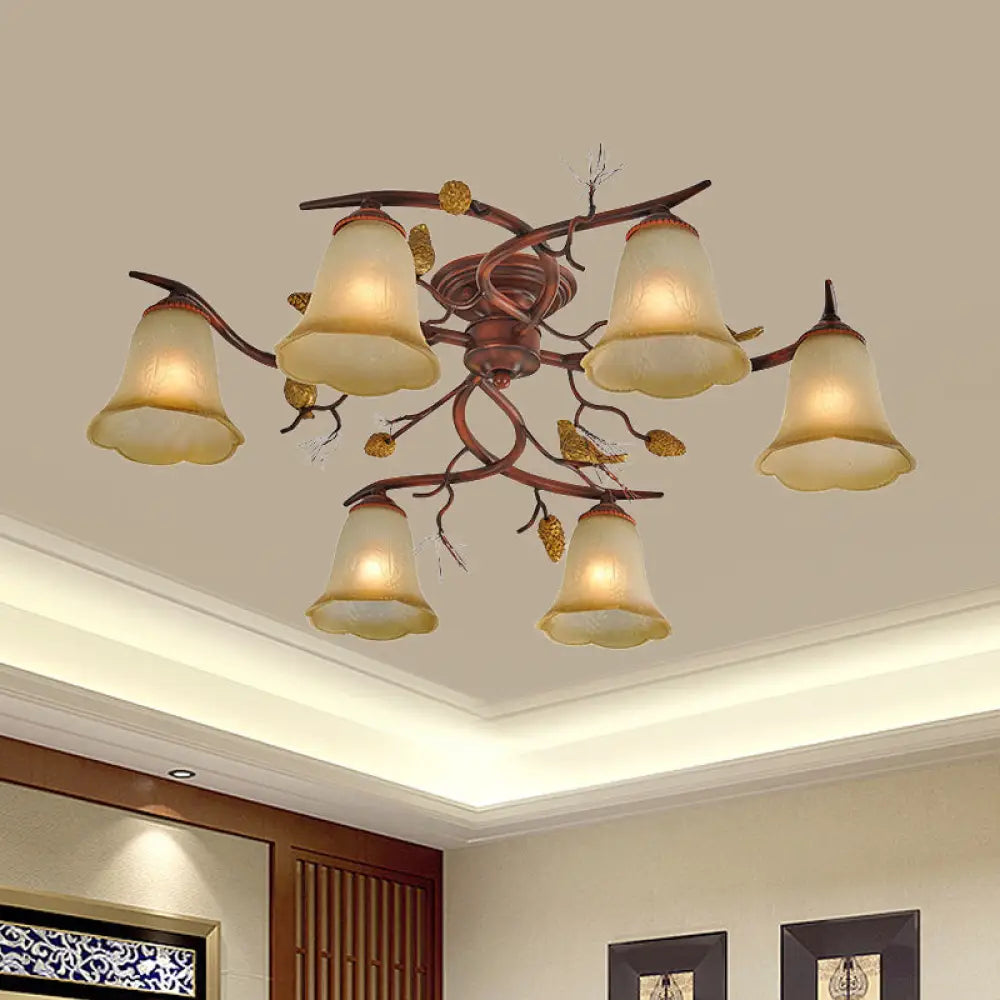DecorBites™ DecorBites™ Rural Amber Glass 6-Head Semi-Flush Chandelier with Pinecone Decoration for Dining Room Ceiling Light