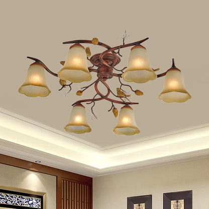 DecorBites™ DecorBites™ Rural Amber Glass 6-Head Semi-Flush Chandelier with Pinecone Decoration for Dining Room Ceiling Light