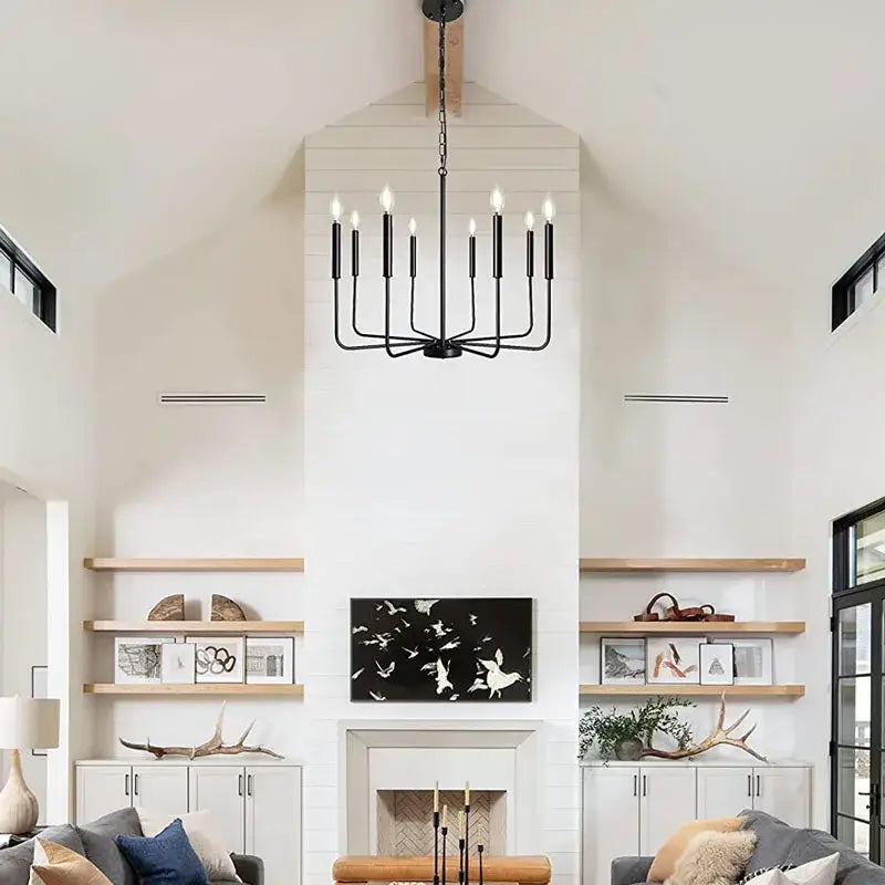 Rural black decorbites iron chandelier with eight candle-style lights for dining room decor and lighting