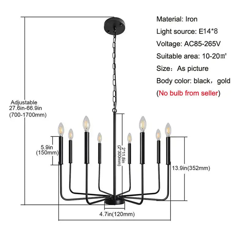 Rural black decorbites iron chandelier with eight candle-style light fixtures in black and gold for dining room use